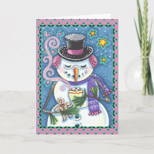 SNEEUWMAN, GINGERBREAD MAN, WARM CHOCOLADE MOK Bla Feestdagen Kaart