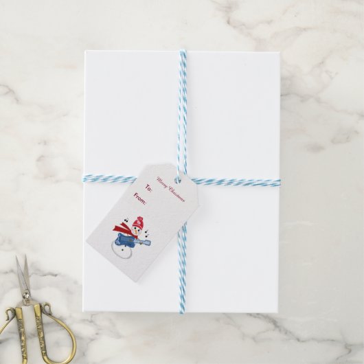 Sneeuwman Gitaarspeler Cadeaulabel (Met Touw)