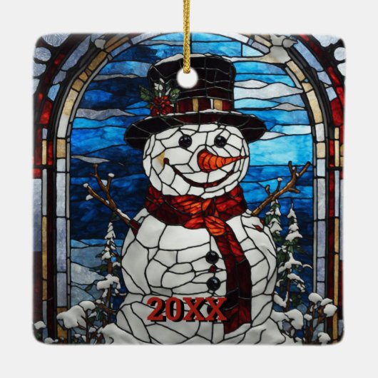 Sneeuwman Glas in lood Stijl Kerstmis Keramisch Ornament (Achterkant)