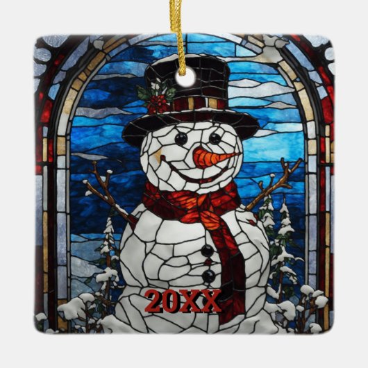 Sneeuwman Glas in lood Stijl Kerstmis Keramisch Ornament (Voorkant)