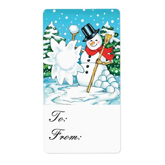 Sneeuwman Gooien Een Sneeuwbal Winter Fun Gift Lab Etiket (Voorkant)