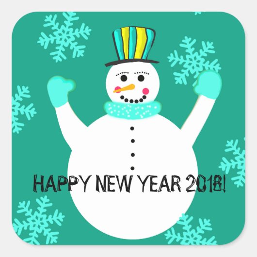 Sneeuwman Happy New Year Square Stickers (Voorkant)