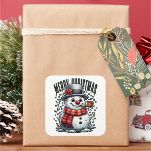 Sneeuwman Hoed Pijp Prettig Kerstfeest Vierkante Sticker