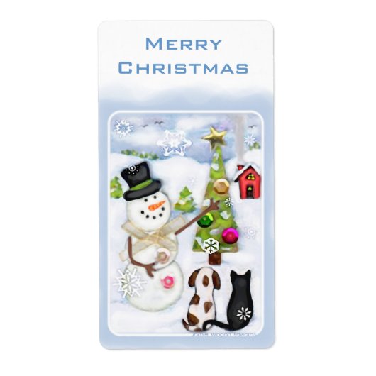 Sneeuwman, Hond & Kat Kerstmis Labels (Voorkant)