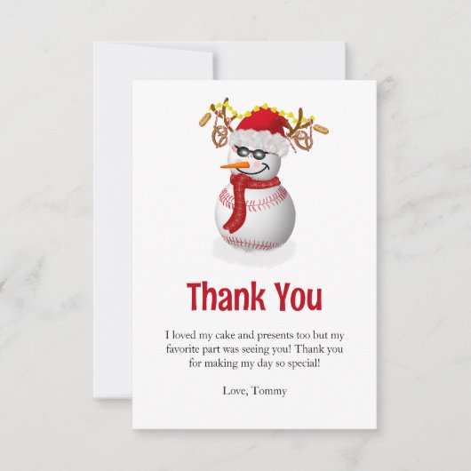 Sneeuwman honkbal versierd met traktaties Dank u Bedankkaart (Voorkant)
