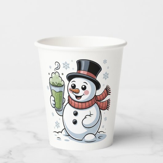 Sneeuwman houdt Matcha Drink kerst vast Papieren Bekers (Voorkant)