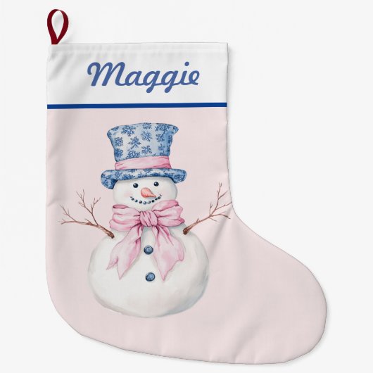 Sneeuwman in blauwe Damaskhoed Grote Kerstsok (Voorkant)