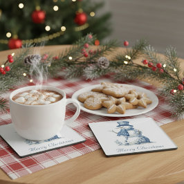 Sneeuwman in Delfts Blauw aanpasbaar Glazen Onderzetter