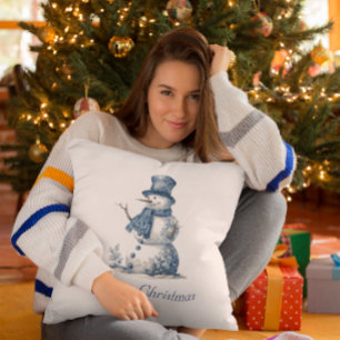 Sneeuwman in Delfts Blauw, aanpasbaar Kussen