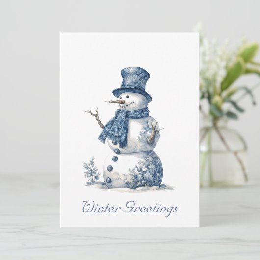 Sneeuwman in Delfts Blauw Feestdagenkaart (Staand voorkant)