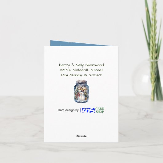 Sneeuwman in een pot Sneeuwvlokken Blauw Feestdagen Kaart (Achterkant)