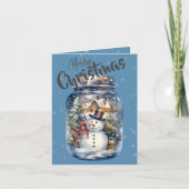 Sneeuwman in een pot Sneeuwvlokken Blauw Feestdagen Kaart (Voorkant)