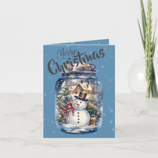Sneeuwman in een pot Sneeuwvlokken Blauw Feestdagen Kaart (Voorkant)