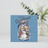 Sneeuwman in een pot Sneeuwvlokken Blauw Feestdagenkaart (Staand voorkant)