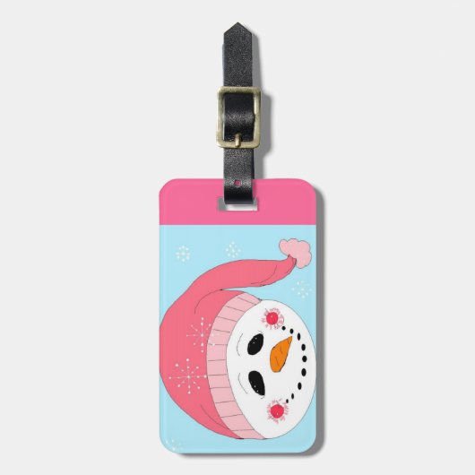 Sneeuwman in een roze Pet Bagagelabel (Voorkant verticaal)