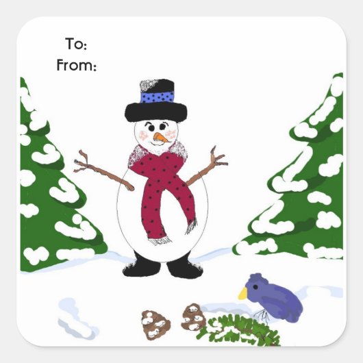 Sneeuwman in het bos vierkante sticker (Voorkant)
