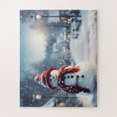 Sneeuwman in het dorp. Winterse tafereel. Legpuzzel (Verticaal)