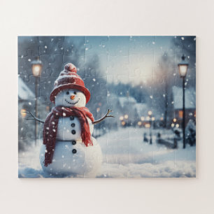 Sneeuwman in het dorp. Winterse tafereel. Legpuzzel
