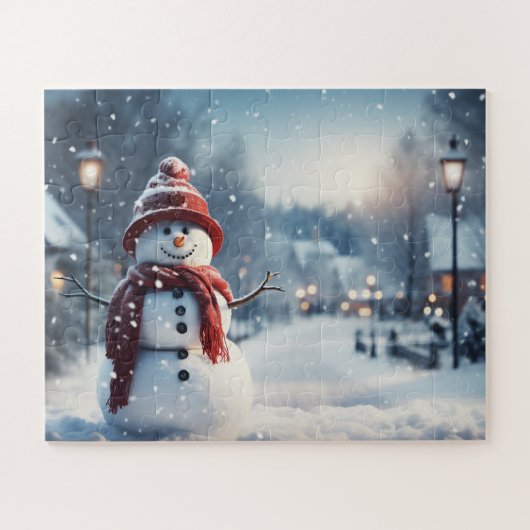 Sneeuwman in het dorp. Winterse tafereel. Legpuzzel (Horizontaal)