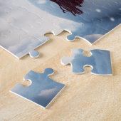 Sneeuwman in het dorp. Winterse tafereel. Legpuzzel (Zijkant)