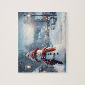 Sneeuwman in het dorp. Winterse tafereel. Legpuzzel (Verticaal)