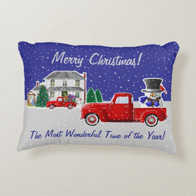 Sneeuwman in kleine rode truck en Boerderij huis Accent Kussen (Achterkant)