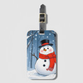 Sneeuwman in koud bos met rode sjaal bagagelabel (Voorkant (verticaal))