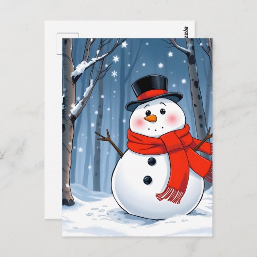 Sneeuwman in koud bos met rode sjaal briefkaart (Voorkant / Achterkant)