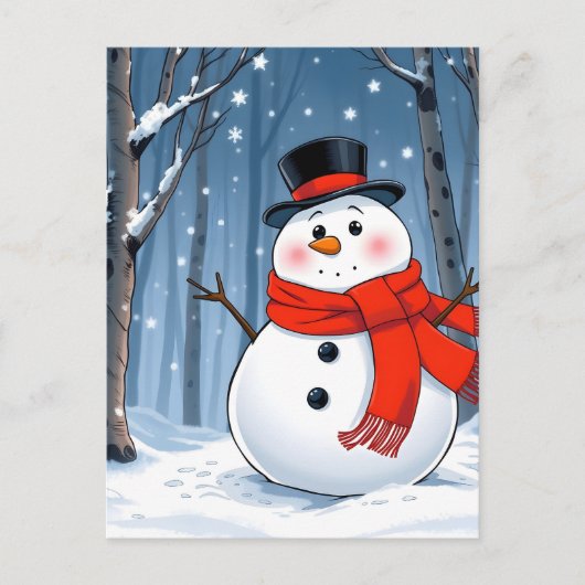 Sneeuwman in koud bos met rode sjaal briefkaart (Voorkant)