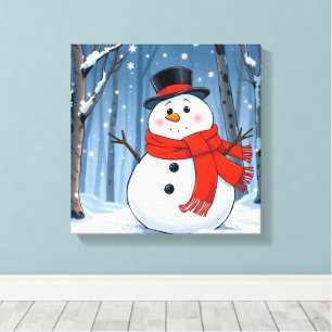 Sneeuwman in koud bos met rode sjaal canvas afdruk
