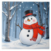 Sneeuwman in koud bos met rode sjaal tegeltje (Voorkant)