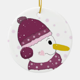 Sneeuwman in paarse hoed en sjaal keramisch ornament