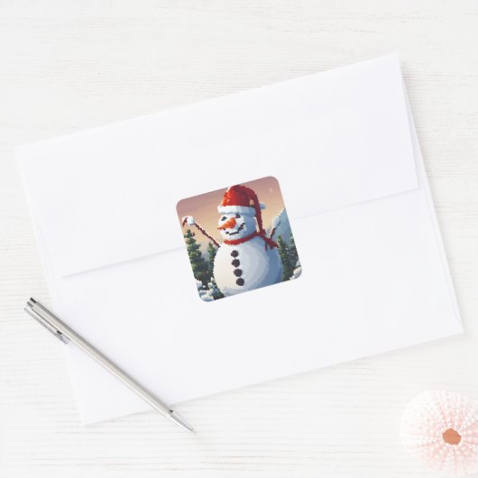 Sneeuwman in pixel vierkante sticker (Envelop)