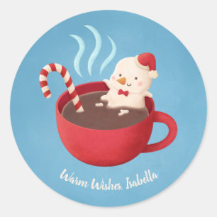 Sneeuwman in Rode Beker Warme Wensen Kerststickers Ronde Sticker