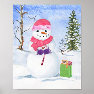 Sneeuwman in roze sjaal winterscène waterverf poster