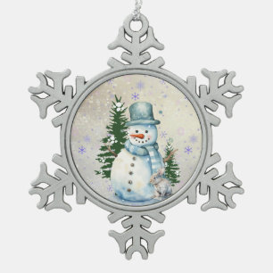 "Sneeuwman in vallende sneeuw" met konijn en bomen Tin Sneeuwvlok Ornament