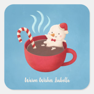 Sneeuwman in warme chocolademelk warme wensen puns vierkante sticker