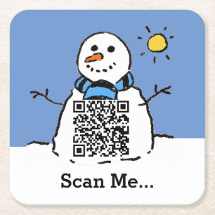 Sneeuwman in zonneschijn met QR-code Kartonnen Onderzetters