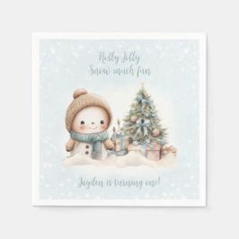 Sneeuwman Jongen Blauw Kerstmis 1e Verjaardag Servet