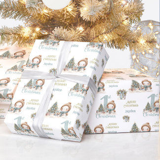 Sneeuwman Jongen Eerste Kerstmis Blauwe Naam Teks Cadeaupapier