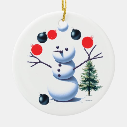 Sneeuwman Jongleert met Kerstballen Keramisch Ornament (Voorkant)