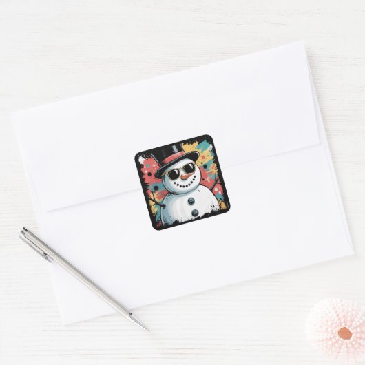 Sneeuwman Kerst Brushstroke Splatter Cool Winter Vierkante Sticker (Envelop)