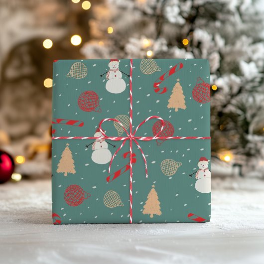 Sneeuwman & Kerst Iconen Patroon - Speelse Feestda Cadeaupapier