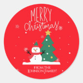 Sneeuwman Kerst stickers: personaliseer uw geschen Ronde Sticker (Voorkant)