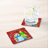 Sneeuwman kerstboom Cadeau Jaar Tekst Rood Kartonnen Onderzetters (Insitu)