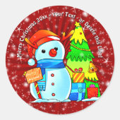 Sneeuwman kerstboom Cadeau Jaar Tekst Rood Ronde Sticker (Voorkant)