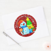 Sneeuwman kerstboom Cadeau Jaar Tekst Rood Ronde Sticker (Envelop)