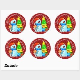 Sneeuwman kerstboom Cadeau Jaar Tekst Rood Ronde Sticker