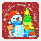 Sneeuwman kerstboom Cadeau Jaar Tekst Rood Vierkante Sticker (Voorkant)