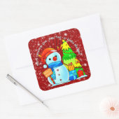 Sneeuwman kerstboom Cadeau Jaar Tekst Rood Vierkante Sticker (Envelop)